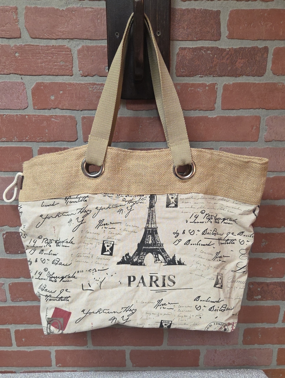 Paris Print Canvas Tote Bag in Beige